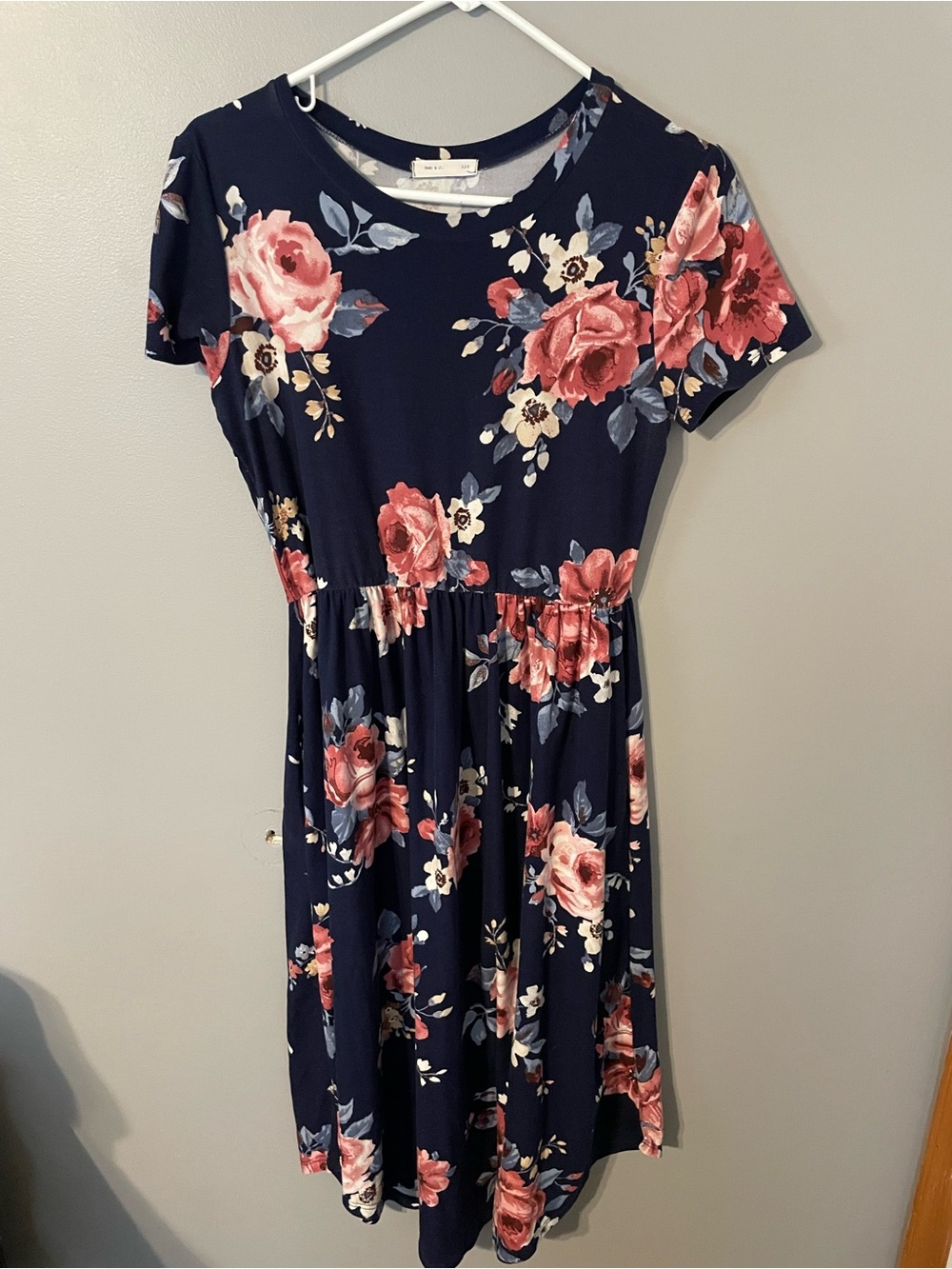 Navy Floral Short-Sleeve Midi Dress - Comfortable Everyday Style